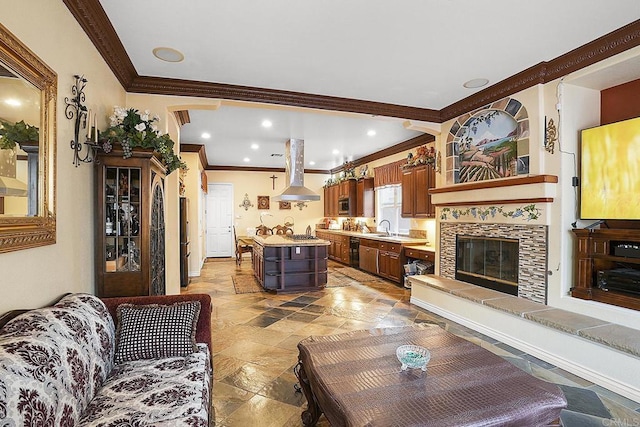 7132 Torrey Mesa Ct, San Diego, CA 92129 - living area featuring ornamental molding, stone tile floors, and a tile fireplace