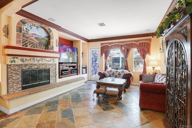 7132 Torrey Mesa Ct, San Diego, CA 92129 - living area with stone tile flooring, baseboards, crown molding, and a glass covered fireplace
