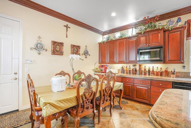 7132 Torrey Mesa Ct, San Diego, CA 92129 - kitchen with stainless steel microwave, crown molding, recessed lighting, light stone finish floors, and reddish brown cabinets