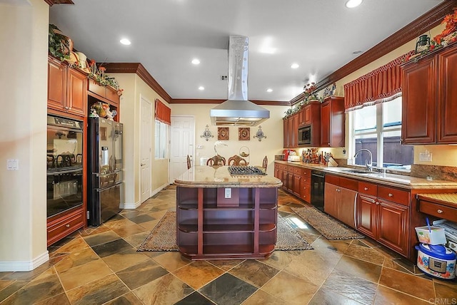 7132 Torrey Mesa Ct, San Diego, CA 92129 - kitchen featuring open shelves, black appliances, crown molding, dark brown cabinets, and a kitchen island