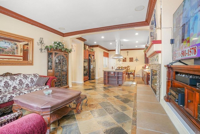 7132 Torrey Mesa Ct, San Diego, CA 92129 - living room with ornamental molding, stone tile floors, recessed lighting, a fireplace, and baseboards