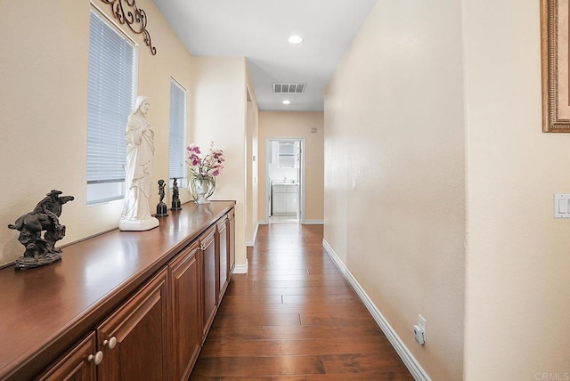 7132 Torrey Mesa Ct, San Diego, CA 92129 - hallway featuring dark wood-type flooring, baseboards, and recessed lighting