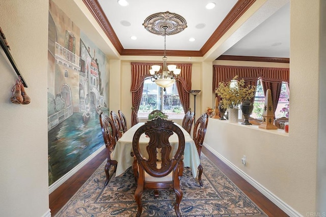 7132 Torrey Mesa Ct, San Diego, CA 92129 - dining room featuring a chandelier, a raised ceiling, wood finished floors, baseboards, and crown molding