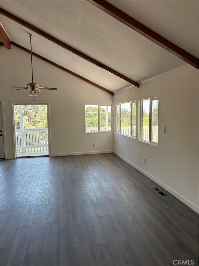 22555 Fern Ann Falls Rd, Chatsworth, CA 91311 - unfurnished living room with beam ceiling, a ceiling fan, baseboards, a textured ceiling, and dark wood-style floors