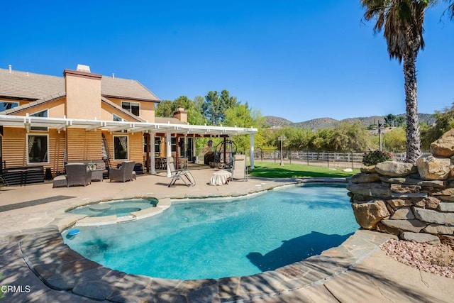 35135 Caprock Rd, Santa Clarita, CA 91390 - view of pool featuring a mountain view, a patio, a pergola, an outdoor living space, and a pool with connected hot tub