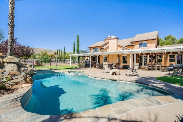 35135 Caprock Rd, Santa Clarita, CA 91390 - view of swimming pool featuring an in-ground hot tub, a patio, a pergola, and a mountain view