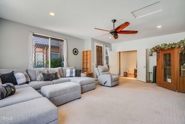 35135 Caprock Rd, Santa Clarita, CA 91390 - carpeted living area with attic access, recessed lighting, and ceiling fan