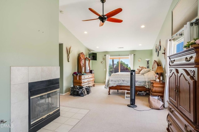35135 Caprock Rd, Santa Clarita, CA 91390 - bedroom with light carpet, a tiled fireplace, lofted ceiling, and ceiling fan