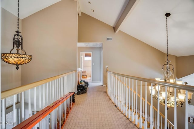 35135 Caprock Rd, Santa Clarita, CA 91390 - hallway featuring high vaulted ceiling, a chandelier, beamed ceiling, and carpet