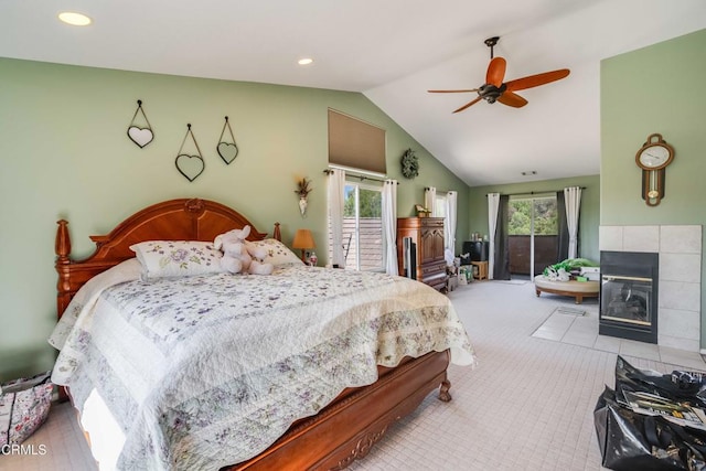 35135 Caprock Rd, Santa Clarita, CA 91390 - carpeted bedroom with a tiled fireplace, lofted ceiling, access to exterior, recessed lighting, and a ceiling fan