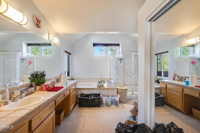 35135 Caprock Rd, Santa Clarita, CA 91390 - full bath with plenty of natural light, a stall shower, vanity, a bath, and vaulted ceiling