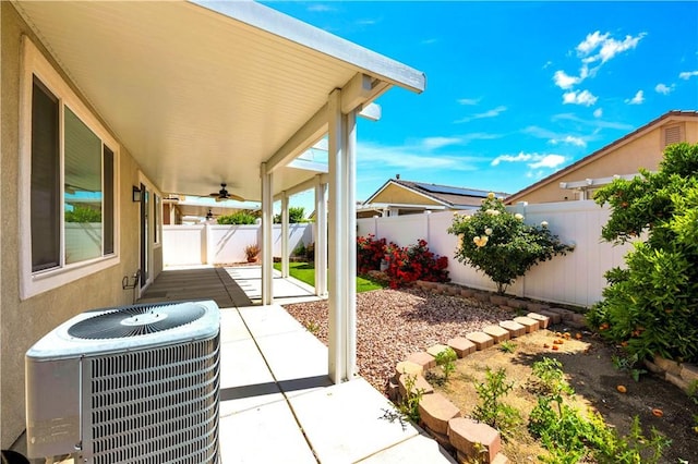 30268 Cherry Opal Ln, Menifee, CA 92584 - fenced backyard with central AC unit, a ceiling fan, and a patio area