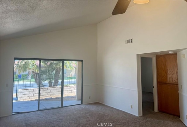 19126 Frances St, Apple Valley, CA 92308 - unfurnished room featuring carpet floors, ceiling fan, high vaulted ceiling, baseboards, and a textured ceiling