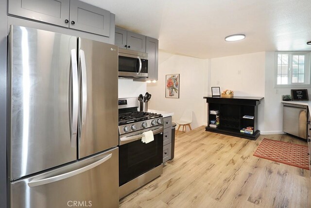 531 W Victoria Ct, Lake Arrowhead, CA 92352 - kitchen featuring stainless steel appliances, light wood-type flooring, gray cabinets, and light countertops