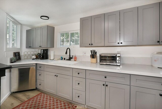 531 W Victoria Ct, Lake Arrowhead, CA 92352 - kitchen with stainless steel dishwasher, a sink, gray cabinets, and light countertops