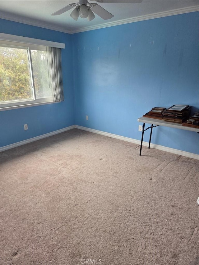 17352 Rob Roy Cir, Huntington Beach, CA 92647 - empty room featuring ornamental molding, a ceiling fan, carpet flooring, and baseboards