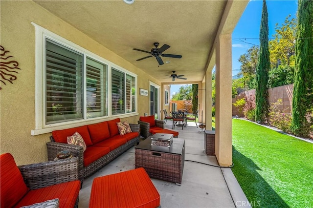 44260 Nighthawk Pass, Temecula, CA 92592 - view of patio with outdoor lounge area, a ceiling fan, and outdoor dining area