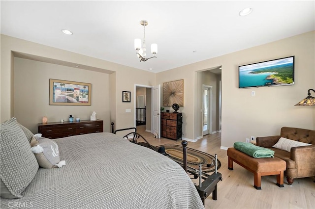 44260 Nighthawk Pass, Temecula, CA 92592 - bedroom with light wood finished floors, a chandelier, baseboards, and recessed lighting