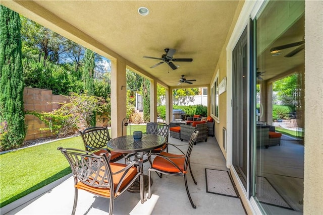 44260 Nighthawk Pass, Temecula, CA 92592 - view of patio / terrace featuring ceiling fan, outdoor dining area, and outdoor lounge area