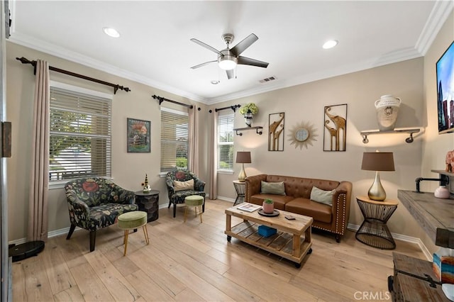 44260 Nighthawk Pass, Temecula, CA 92592 - living room with a ceiling fan, baseboards, light wood-style flooring, crown molding, and recessed lighting