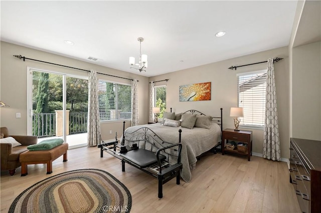 44260 Nighthawk Pass, Temecula, CA 92592 - bedroom featuring access to outside, a chandelier, light wood finished floors, baseboards, and recessed lighting