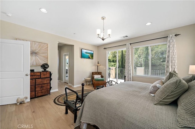 44260 Nighthawk Pass, Temecula, CA 92592 - bedroom with light wood finished floors, a chandelier, baseboards, access to exterior, and recessed lighting