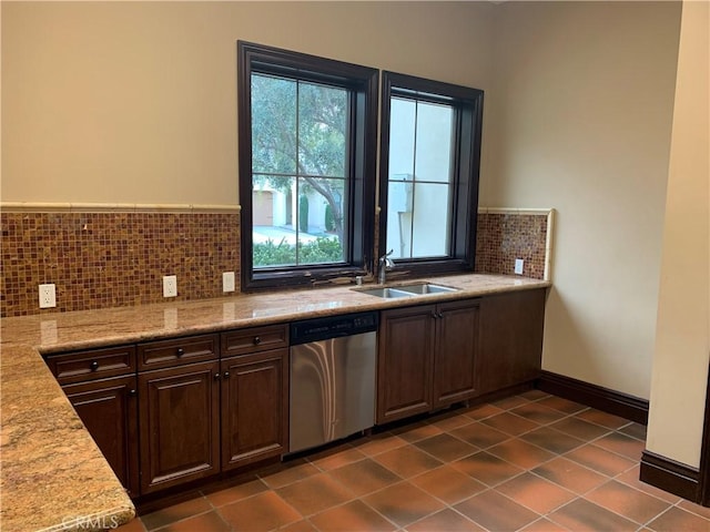 3407 Paseo Dr, Brea, CA 92823 - kitchen featuring dishwasher, a sink, light countertops, tasteful backsplash, and dark brown cabinets