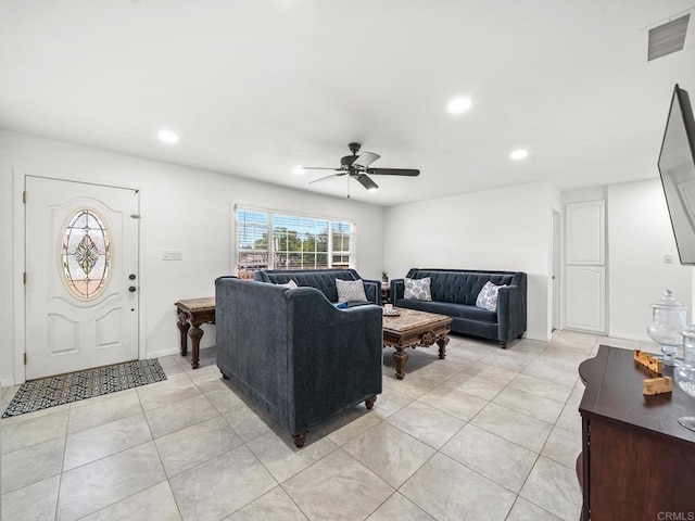 1562 Richandave Ave, El Cajon, CA 92019 - living room with a ceiling fan, light tile patterned floors, and recessed lighting