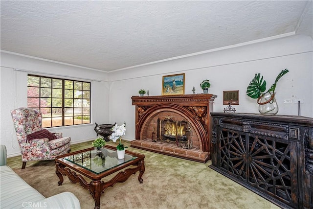 350 Roughrider Rd, La Verne, CA 91750 - living area featuring a textured ceiling, a brick fireplace, and carpet floors