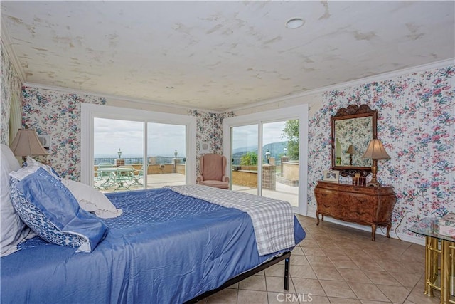 350 Roughrider Rd, La Verne, CA 91750 - bedroom featuring wallpapered walls, access to exterior, ornamental molding, light tile patterned floors, and baseboards