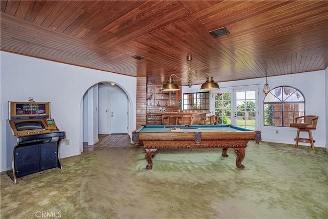 350 Roughrider Rd, La Verne, CA 91750 - recreation room featuring wooden ceiling, baseboards, pool table, and arched walkways
