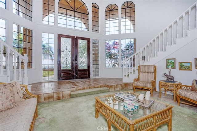 350 Roughrider Rd, La Verne, CA 91750 - carpeted foyer with stairs, a high ceiling, and french doors