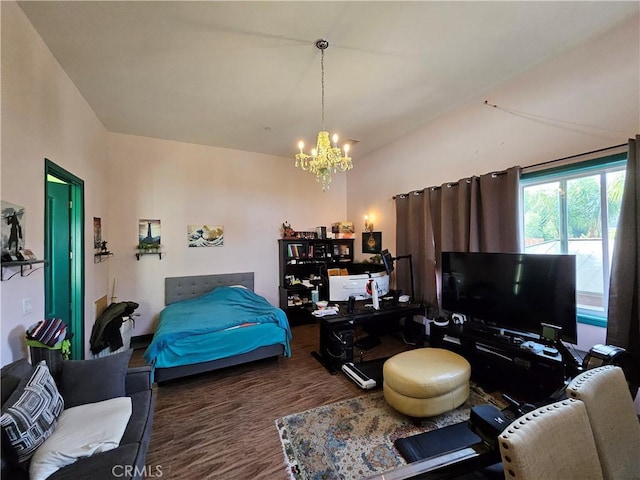 9740 La Canada Way, Shadow Hills, CA 91040 - bedroom with a chandelier, wood finished floors, and lofted ceiling