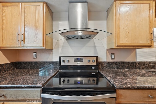 8121 Canby Ave Unit 4, Reseda, CA 91335 - kitchen with stainless steel electric range oven, extractor fan, light brown cabinetry, and tasteful backsplash