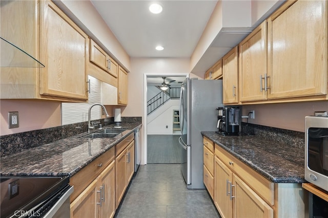 8121 Canby Ave Unit 4, Reseda, CA 91335 - kitchen featuring stainless steel appliances, a sink, ceiling fan, light brown cabinets, and recessed lighting