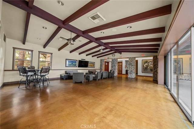 11066 Guffey Ranch Way, Corona, CA 92883 - living room featuring baseboards, finished concrete floors, and decorative columns