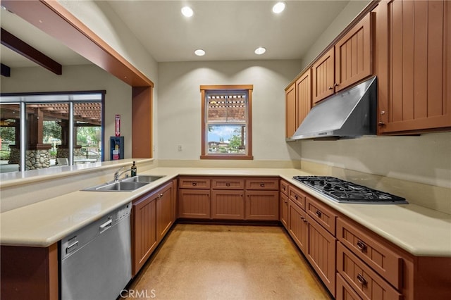 11066 Guffey Ranch Way, Corona, CA 92883 - kitchen with appliances with stainless steel finishes, a sink, under cabinet range hood, recessed lighting, and light countertops