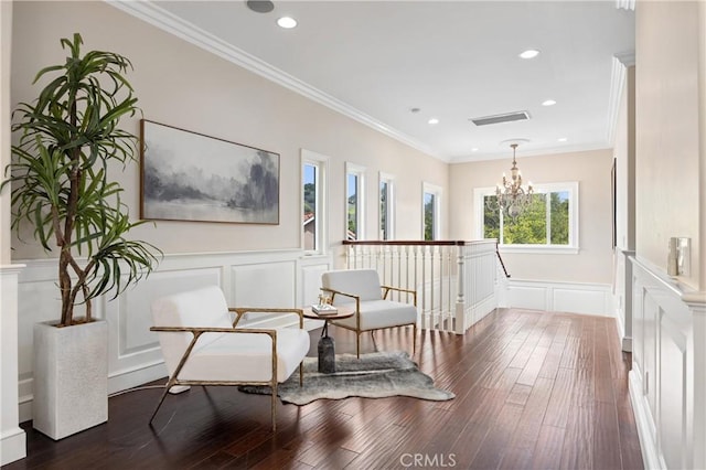 1202 Duke Ln, Walnut, CA 91789 - living area with a decorative wall, a chandelier, dark wood-type flooring, wainscoting, and recessed lighting