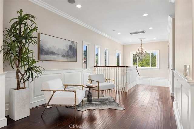 1202 Duke Ln, Walnut, CA 91789 - living area featuring a decorative wall, a chandelier, dark wood finished floors, wainscoting, and recessed lighting