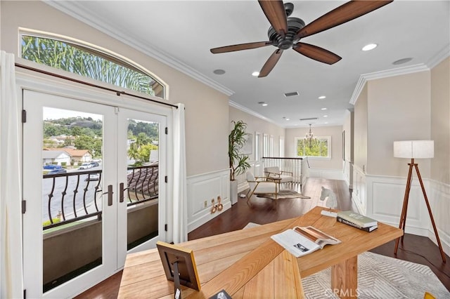 1202 Duke Ln, Walnut, CA 91789 - office area with french doors, wainscoting, ornamental molding, ceiling fan, and a decorative wall