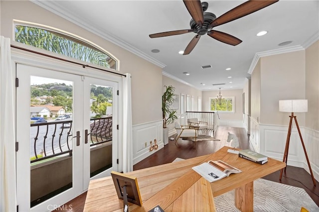 1202 Duke Ln, Walnut, CA 91789 - office space featuring french doors, wainscoting, crown molding, ceiling fan, and a decorative wall
