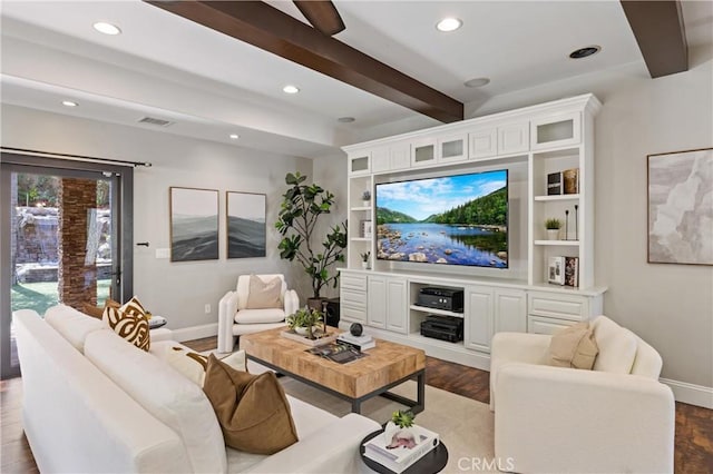 1202 Duke Ln, Walnut, CA 91789 - living room with beamed ceiling, baseboards, dark wood-type flooring, and recessed lighting