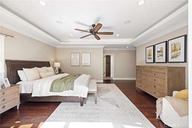 1202 Duke Ln, Walnut, CA 91789 - bedroom with a raised ceiling, recessed lighting, dark wood-style flooring, ornamental molding, and baseboards