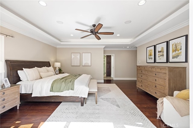 1202 Duke Ln, Walnut, CA 91789 - bedroom with a tray ceiling, recessed lighting, ornamental molding, dark wood finished floors, and a ceiling fan