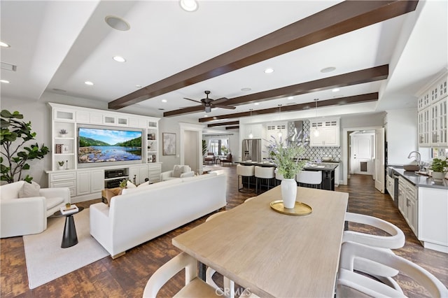 1202 Duke Ln, Walnut, CA 91789 - dining area featuring dark wood-style flooring, beamed ceiling, ceiling fan, recessed lighting, and healthy amount of natural light