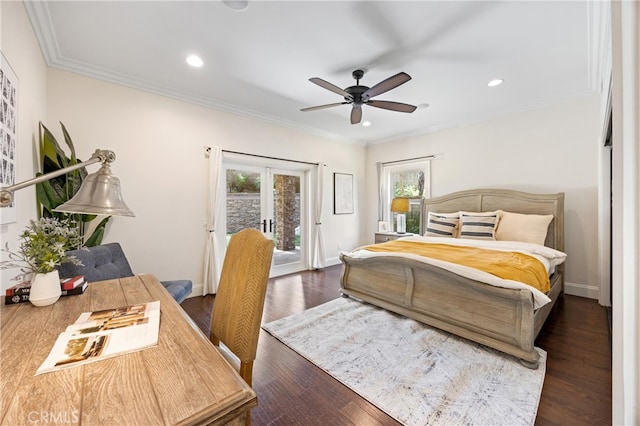 1202 Duke Ln, Walnut, CA 91789 - bedroom featuring access to outside, french doors, ornamental molding, recessed lighting, and wood finished floors