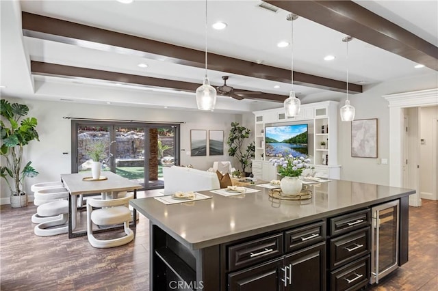 1202 Duke Ln, Walnut, CA 91789 - kitchen featuring beverage cooler, baseboards, dark wood finished floors, recessed lighting, and beamed ceiling