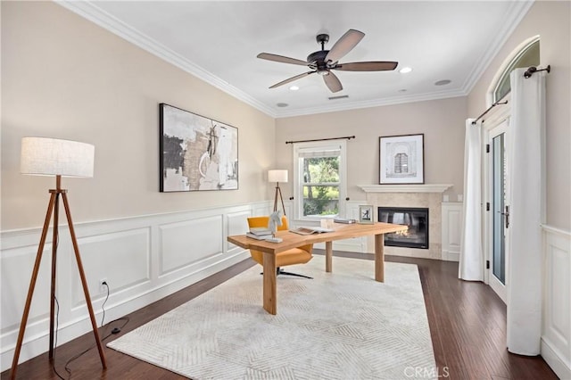 1202 Duke Ln, Walnut, CA 91789 - office featuring recessed lighting, dark wood-style floors, ornamental molding, a glass covered fireplace, and a wainscoted wall