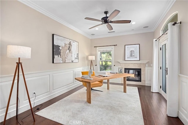 1202 Duke Ln, Walnut, CA 91789 - office space featuring recessed lighting, dark wood-style floors, ornamental molding, a glass covered fireplace, and wainscoting