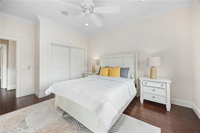 1202 Duke Ln, Walnut, CA 91789 - bedroom with wood finished floors, a closet, baseboards, crown molding, and recessed lighting